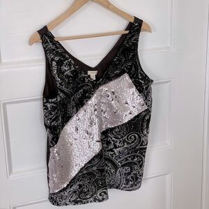TINY @ ANTHROPOLOGIE V- Neck Mixed Media Sleeveless Top - Velvet & Sequins- Sz S